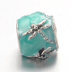 Средний Бирюзовый Бочка большое отверстие сплава эмали европейские шарики, античное серебро, средне бирюзовый, 9x9x5 мм, отверстие : 5 мм