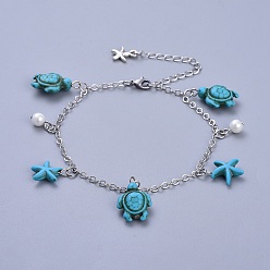Blue Brass Cable Chain Anklets, with Synthetic Turquoise, Glass Pearl and Tibetan Style Alloy Charms, Blue, 9 inch(23cm)