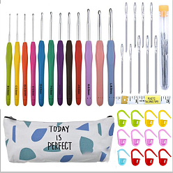 White DIY Knitting Tool Sets, including Aluminum Crochet Hooks Needles, Random Color Plastic Locking Stitch Marker, Tape Measure, Needle, Storage Bag, White, Crochet Hooks Needles: 150mm, 12pcs/set