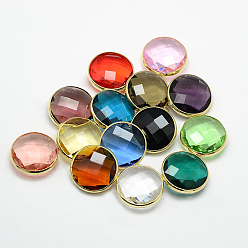 Mixed Color Golden Tone Brass Glass Pendants, Flat Round, Mixed Color, 14x11x5mm, Hole: 2mm