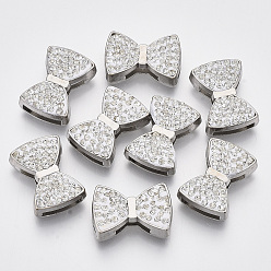 Platinum Alloy Slide Charms, with Polymer Clay Rhinestone, Bowknot, Platinum, PP13(1.9~2mm), 14x19.5x6mm, Hole: 2x10.5mm and 2x8mm