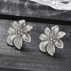 Платина Латунь серьги, стойки покрытие, долговечный, без свинца и без кадмия, цветок, платина, 15x16.5 мм