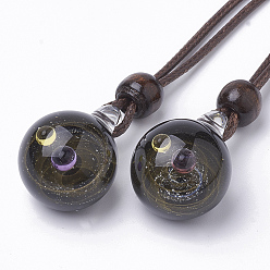 Black Handmade Gold Sand Lampwork Pendants, Galaxy Universe Ball, with Two Color Small Ball inside, Black, 28~31x21~23x18~21mm, Hole: 3mm
