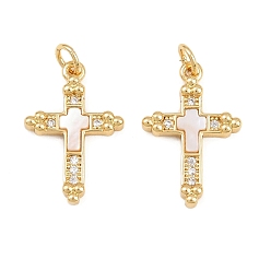 Cross Brass Micro Pave Clear Cubic Zirconia Pendants, with Shell, Real 16K Gold Plated, Cross Charms, 21x14x3mm, Hole: 3mm