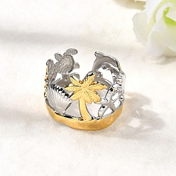 Настоящее золото 18K 304 из нержавеющей стали Манжета кольца для женщин, формы кокосовой пальмы и ракушки, реальный 18 k позолоченный, 17 мм