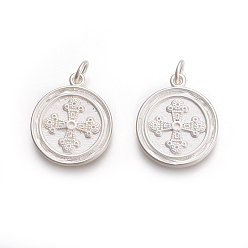 Матовый Серебристый Цвет Латунные подвески, без свинца и без кадмия, плоские круглые с крестом, матовое серебро, 18.5x16x2 мм, отверстие : 3.5 мм