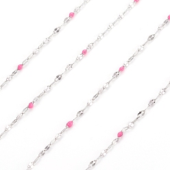 Hot Pink Handmade 304 Stainless Steel Dapped Chains, Cable Chains, with Enamel and Spool, Soldered, Flat Oval, Long-Lasting Plated, Hot Pink, 3x1.5x0.1~1mm, about 32.8 Feet(10m)/roll