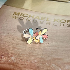 Платина Регулируемые латунные эмалевые манжеты с открытыми кольцами, цветок, платина, 14.5x22 мм