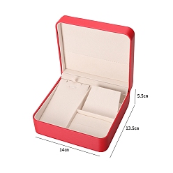 Crimson Imitation Leather Jewelry Set Storage Boxes, Covered by Velvet, Square, Crimson, 14x13.5x5.5cm