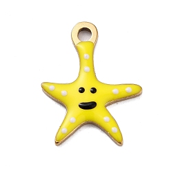 Желтый Ионное покрытие (ip) 201 брелоки из нержавеющей стали, с эмалью, реальный 18 k позолоченный, морское животное, очарование морской звезды, желтые, 15x11.5x1.5 мм, отверстие : 1.6 мм