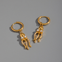 Настоящее золото 18K Серьги-кольца из нержавеющей стали в форме осьминога, реальный 18 k позолоченный, 42.5x9 мм