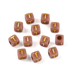 Letter T Покрытие акриловыми шариками, куб с письмом, золотой металл обвитыми, Письмо T, 4.5x4.5x4.5 мм, отверстие : 2 мм, Около 6250 шт / 500 г