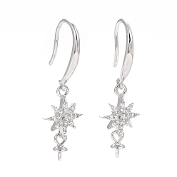 Platinum Anti-Tarnish Rhodium Plated 925 Sterling Silver Earring Hooks, with Clear Cubic Zirconia, Star, for Half Drilled Beads, Platinum, 29mm, 21 Gauge, Pin: 0.7mm and 0.6mm, Tray: 6x3mm