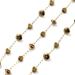 Настоящее золото 18K Гематитовые бусины цепочки звеньев, с 316 цепями из нержавеющей стали, ионное покрытие (ip), пайки, плоско-круглые с сердцем, с катушкой, реальный 18 k позолоченный, 4x2 мм