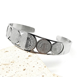 Нержавеющая Сталь Цвет Религия 201 браслеты-манжеты из нержавеющей стали для женщин, плоские круглые с святым Бенедиктом, цвет нержавеющей стали, внутренний диаметр: 2x2-3/8 дюйм (5.1x6.1 см)