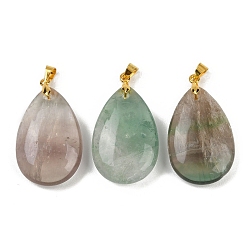 Флюорит Природного флюорита подвески, подвески-капли с латунной фурнитурой, золотые, 34x20x8 мм, отверстие : 4x5 мм