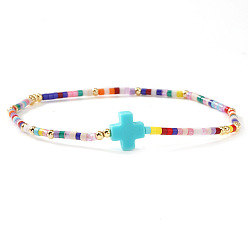 Темно-Голубой Богемный крестик-подвеска, браслет из стеклянных и латунных бусин, эластичный, для женщин., глубокое синее небо, 6.50 дюйм (16.5 см)