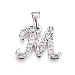 Letter M 304 Stainless Steel Pendants, with Rhinestone, Letter, Letter.M, 17.5x23x2mm, Hole: 3~3.5x7.5~8mm