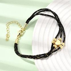 Black Polyester Multi-Strand Bracelets, Brass Heart Bead Bracelets with 202 Stainless Steel Lobster Claw Clasps, Golden, Black, 7.09 inch(18cm)