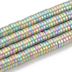 Rainbow Plated Electroplate Non-magnetic Synthetic Hematite Beads Strands, Disc/Flat Round, Rainbow Plated, 4x1mm, Hole: 1mm, about 364~380pcs/strand, 16.1 inch