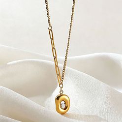 Oval 304 Stainless Steel Pave Clear Cubic Zirconia Pendant Necklaces, Real 18K Gold Plated, Oval, 15.75 inch(40cm), pendant long: 20mm