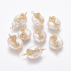 Claro Conectores de eslabones de perlas naturales, con micro latón allanar hallazgos de circonio cúbico, pepitas con llave de corazón, dorado, Claro, 21~25x13~15x6~8 mm, agujero: 1.6 mm