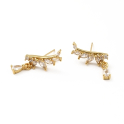 Real 18K Gold Plated Cubic Zirconia Leaf Dangle Stud Earrings, Brass Jewelry for Women, Cadmium Free & Lead Free, Real 18K Gold Plated, 18mm, Pin: 0.7mm