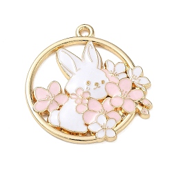 Pink Alloy with Enamel Pendants, Flat Round with Rabbit & Flower Charms, Cadmium Free & Nickel Free & Lead Free, Rack Plating, Golden, Pink, 31x30x3mm, Hole: 1.6mm