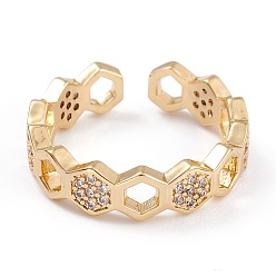 Real 18K Gold Plated Brass Clear Cubic Zirconia Cuff Rings, Open Rings, Long-Lasting Plated, Polygon, Real 18K Gold Plated, 5mm, Inner Diameter: 16.5mm