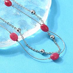Нержавеющая Сталь Цвет 304 двухслойные ожерелья из нержавеющей стали и окрашенного натурального малайзийского нефрита для женщин, красные, цвет нержавеющей стали, 15.71 дюйм (39.9 см)