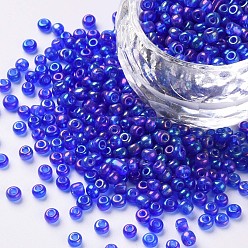 Blue Round Glass Seed Beads, Transparent Colours Rainbow, Round, Blue, 3mm