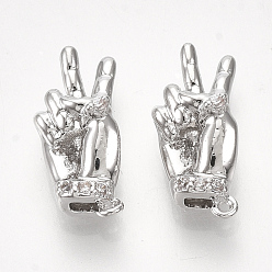 Real Platinum Plated Brass Charms, with Cubic Zirconia, Hand, Clear, Nickel Free, Real Platinum Plated, 13x6x4mm, Hole: 0.6mm