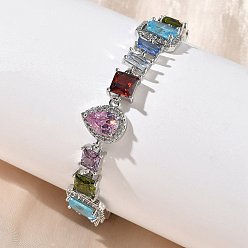 Платина Браслеты-цепочки с прямоугольными, квадратными и каплевидными звеньями из латуни с разноцветными кубическими циркониями и микропаве для женщин, стойки покрытие, долговечный, без кадмия и без свинца, платина, 7-5/8 дюйм (19.3 см)