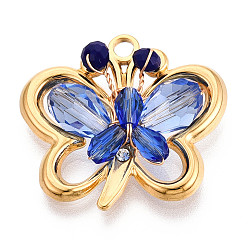 Королевский синий 304 подвески из нержавеющей стали, бабочка, со стеклом и горным хрусталем, реальный 18 k позолоченный, ионное покрытие (ip), граненые, королевский синий, 23x24.5x7~7.5 мм, отверстие : 2.1 мм