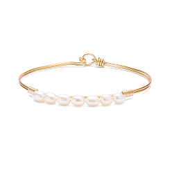 Golden Natural Pearl Beaded Bangle, Copper Wire Wrap Jewelry for Women, Golden, Inner Diameter: 2-3/8 inch(6.1cm)