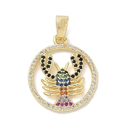 Настоящее золото 18K Латунные микро-паве красочные кубические циркониевые подвески, кольцо с подвесками в виде лобстера, долговечный, без кадмия и без свинца, реальный 18 k позолоченный, 21.5x18.5x3 мм, отверстие : 5x3 мм