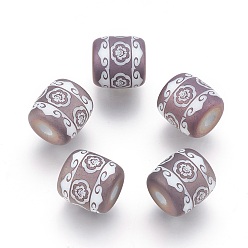 Gunmetal Plated Electroplate Glass Beads, Frosted, Barrel with Flower Pattern, Gunmetal Plated, 12x11.5mm, Hole: 3mm, 100pcs/bag