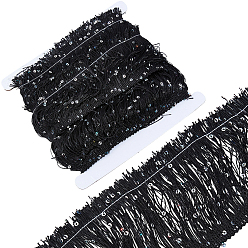 Black 5M Polyester Tassel Lace Ribbon, Fringe Paillette Lace Trim, Macrame Lace Ribbon, with 1Pc Cardboard Paper Jewelry Display Cards, Black, 4 inch(100mm)