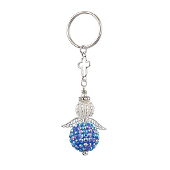 Blue Seed Beads Keychain, with Iron Split Key Rings and Resin Rhinestone Beads, Angel, Blue, 9.3cm