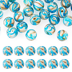 Bleu Ciel 30pcs perles de lampwork en sable doré faites à la main, ronde, bleu ciel, 10mm, Trou: 1.4mm