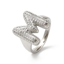 Letter M Открытое кольцо-манжета из латуни с надписью Micro Pave и прозрачным цирконием для женщин, без кадмия, без никеля и без свинца, платина, Буква М, 19.5x16 мм, размер США 6 (16.5 мм)