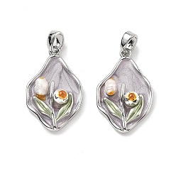 Платина Латунь эмаль подвески, с натуральным пресноводным жемчугом и акрилом, неправильный овал с цветочными подвесками, без кадмия, без никеля и без свинца, платина, 22x14x5.5 мм, отверстие : 3x4 мм