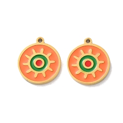 Настоящее золото 18K Ионное покрытие (ip) 304 брелоки из нержавеющей стали, с эмалью, плоский круглый с солнечным шармом, реальный 18 k позолоченный, 13.5x11.5x1.5 мм, отверстие : 1 мм