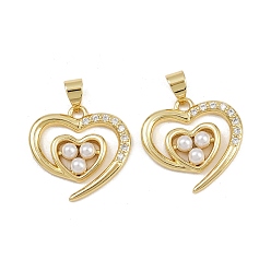 Настоящее золото 16K Латунные микро проложить кубического циркония подвески, сердце, с абс пластмассовой имитационной жемчужиной, реальный 16 k позолоченный, 18.5x19x4 мм, отверстие : 4.5x3.5 мм