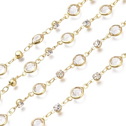Прозрачный Латунные соединительные цепи ручной работы, С граненым стеклом, горный хрусталь и шпуля, пайки, долговечный, плоско-круглые, золотые, прозрачные, стеклянные звенья: 13x6.5x3 мм, горный хрусталь ссылки: 8x4x3.5мм, ссылка: 4.5x2.5x0.4 mm, около 32.8 футов (10 м) / рулон