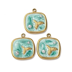 Весенне-зеленый 304 нержавеющей стальной эмали подвески, с абс пластмассовыми жемчужными бисером, квадрат с рыбьим хвостом, золотые, ионное покрытие (ip), весенний зеленый, 18.5x16x4 мм, отверстие : 1.8 мм