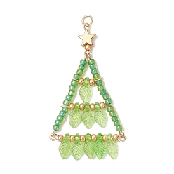 Зелено-Желтый Большие подвески из стеклянных бусин в форме листа, с латунными бусинами и 304 соединительным кольцом из нержавеющей стали и акрилом, зеленый желтый, 55x30.5x3.5 мм, отверстие : 3.5 мм