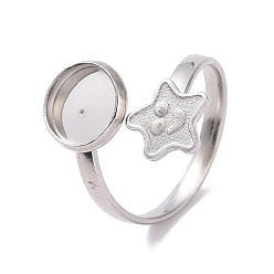 Stainless Steel Color Non-Tarnish 304 Stainless Steel Open Cuff Ring Findings, Pad Ring Setting, Flat Round and Star, Stainless Steel Color, US Size 6 3/4(17.1mm), Tray: 8mm and 9.5x8.5mm