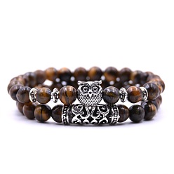 Tiger Eye Natural Tiger Eye Stretch Bracelets Set with Alloy Owl Beaded, Gemstone Jewelry for Women, 7-1/2 inch(19cm), 1Pc/style