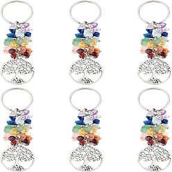 Смешанные камни 6шт брелок из натурального драгоценного камня, с латунной фурнитурой , плоские круглые с деревом, 88 мм, Кулон : 28.5x25x2 мм